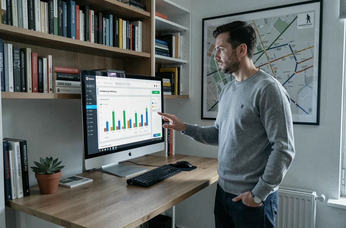 Homme en télétravail depuis son appartement parisien suivant une formation digitale en ligne sur un grand écran de bureau