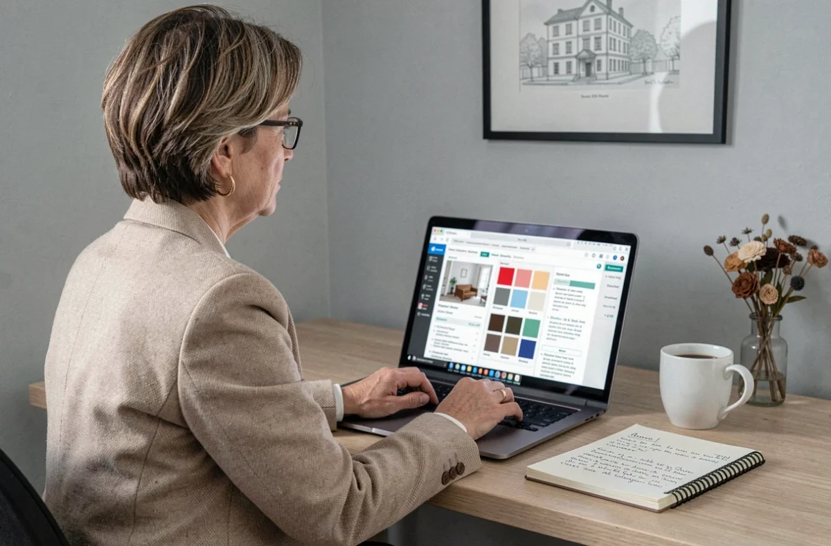 Femme suivant une formation en ligne de décorateur d'intérieur sur son ordinateur portable dans un bureau minimaliste