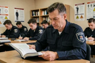 Agent de sécurité SSIAP 1 en formation dans une salle de cours professionnelle, étudiant un manuel de sécurité incendie