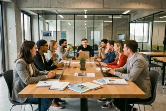 Groupe d'étudiants en alternance collaborant autour d'une table dans un centre de formation moderne en Gironde