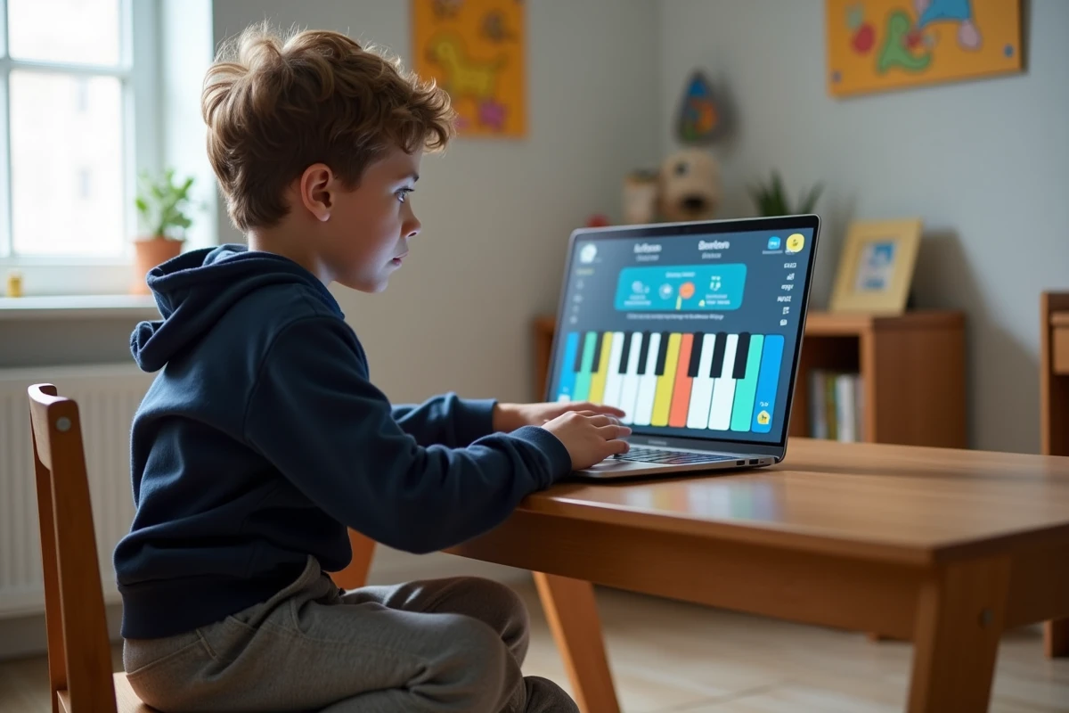 Garçon concentré utilisant un piano gratuit en ligne sur ordinateur portable dans sa chambre