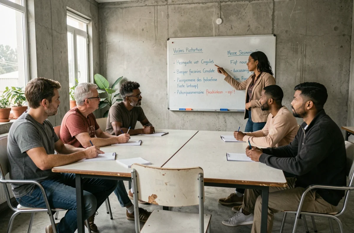 Groupe d'adultes sans papiers participant à un atelier de formation professionnelle animé par une formatrice dans une salle associative, découvrant leurs droits à l'accès à la formation