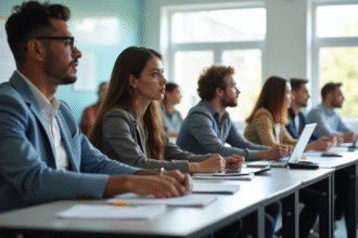 Groupe divers d'adultes en formation comptabilite en classe lumineuse