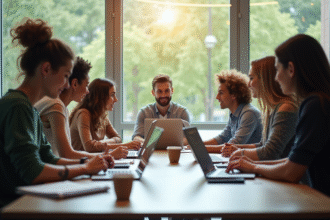 Groupe de jeunes marketeurs en brainstorming dans un bureau lumineux