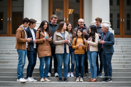 Groupe diversifié devant un tribunal en ville