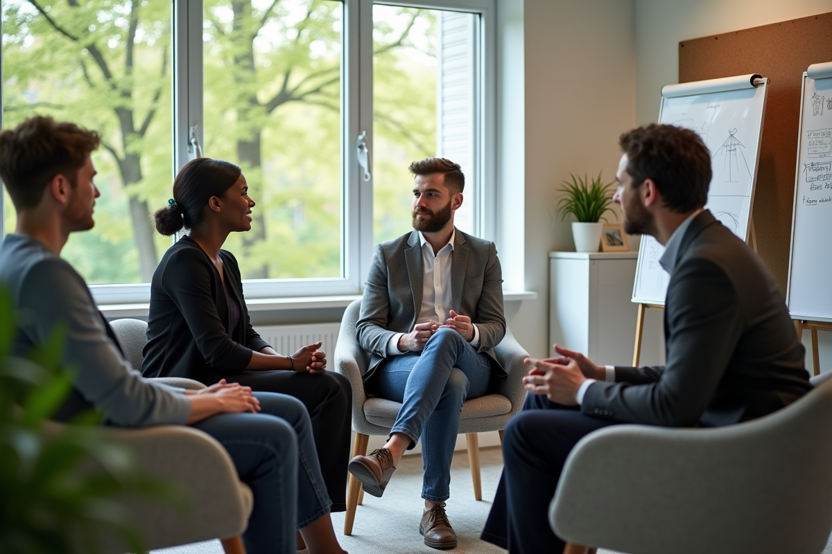 Groupe de trois adultes en séance de coaching en réunion