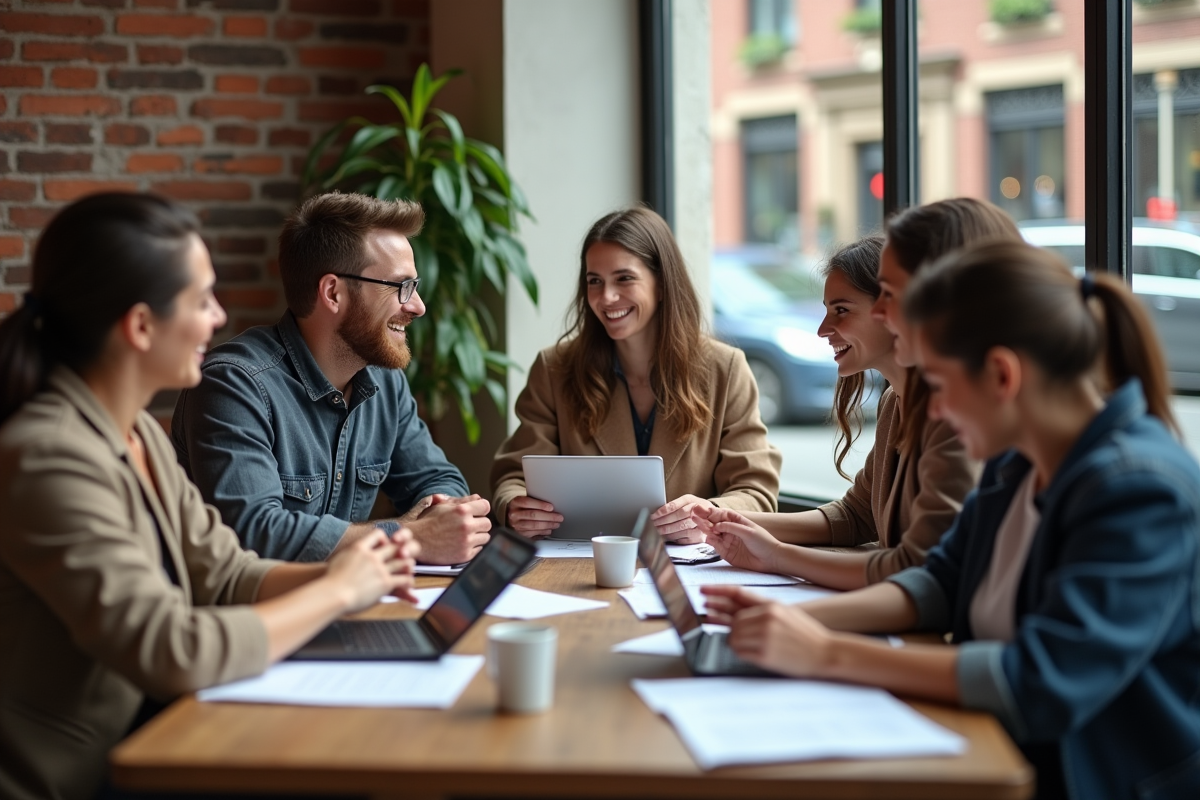 Groupe d adultes discutant autour d une table de café