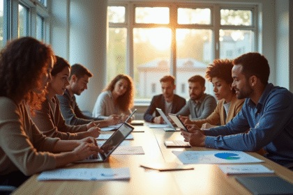 Groupe d'adultes collaborant autour d'une table moderne en classe