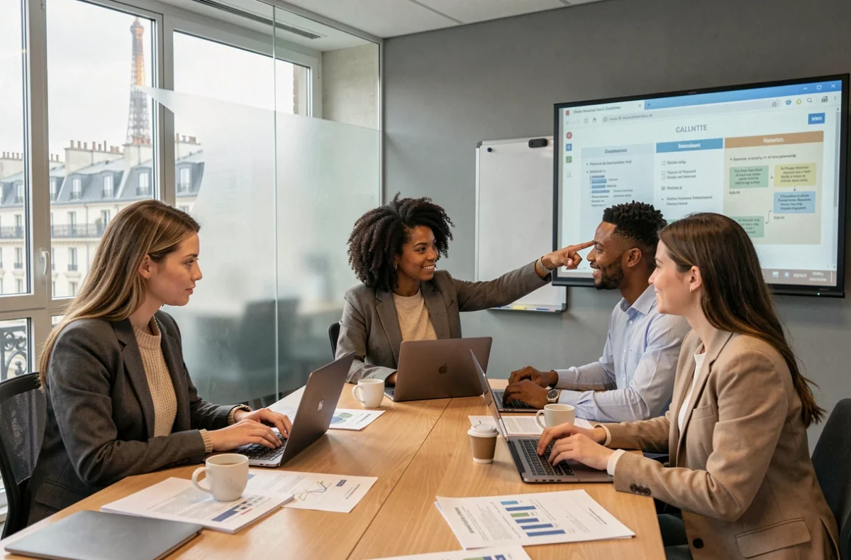 Groupe de professionnels parisiens en session de formation digitale dans une salle de cours moderne, chacun sur son ordinateur ou tablette