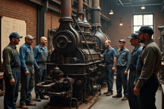 Groupe d'ingenieurs autour d'une machine vapeur ancienne