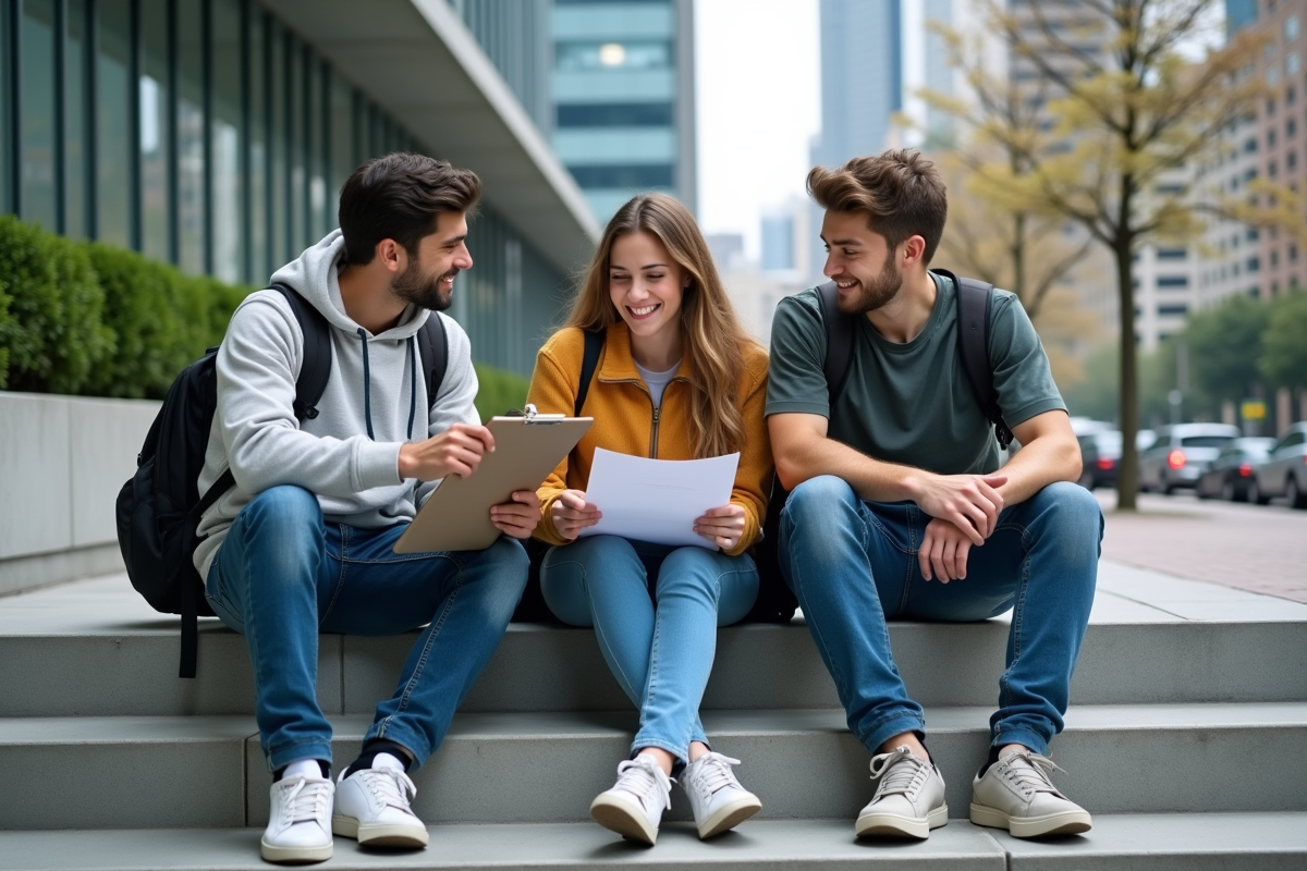 Groupe de jeunes discutant dehors avec documents et ambiance urbaine