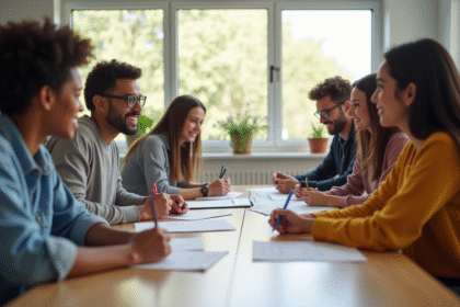 Groupe de jeunes adultes discutant en salle lumineuse