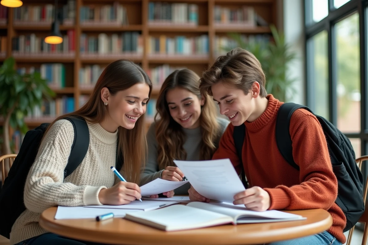 Groupe de lycéens comparant leurs chances d'admission à l'Ensamaa en filières STD2A, STI2D et générale dans une bibliothèque scolaire