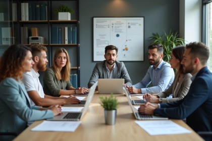 Groupe d'adultes en formation dans un bureau moderne