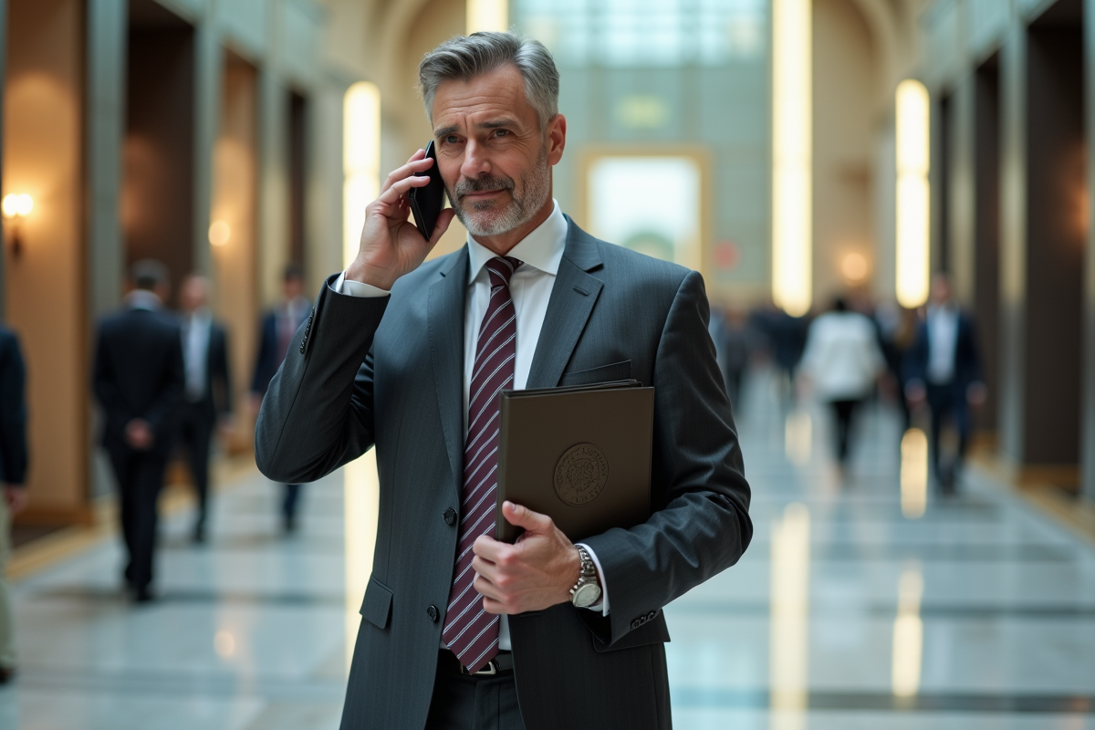 Homme d affaires parlant au téléphone dans un lobby animé