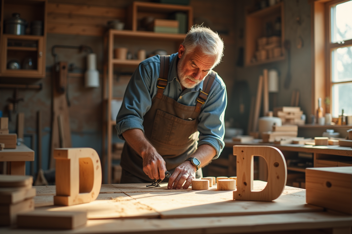 Homme travaillant dans un atelier créatif assemblant du mobilier en bois D
