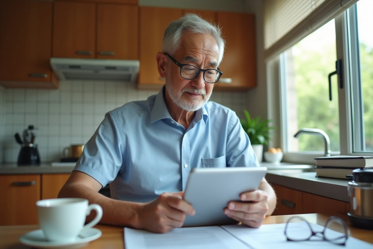Homme adulte consultant son compte CPF sur tablette pour financer une formation courte depuis son domicile
