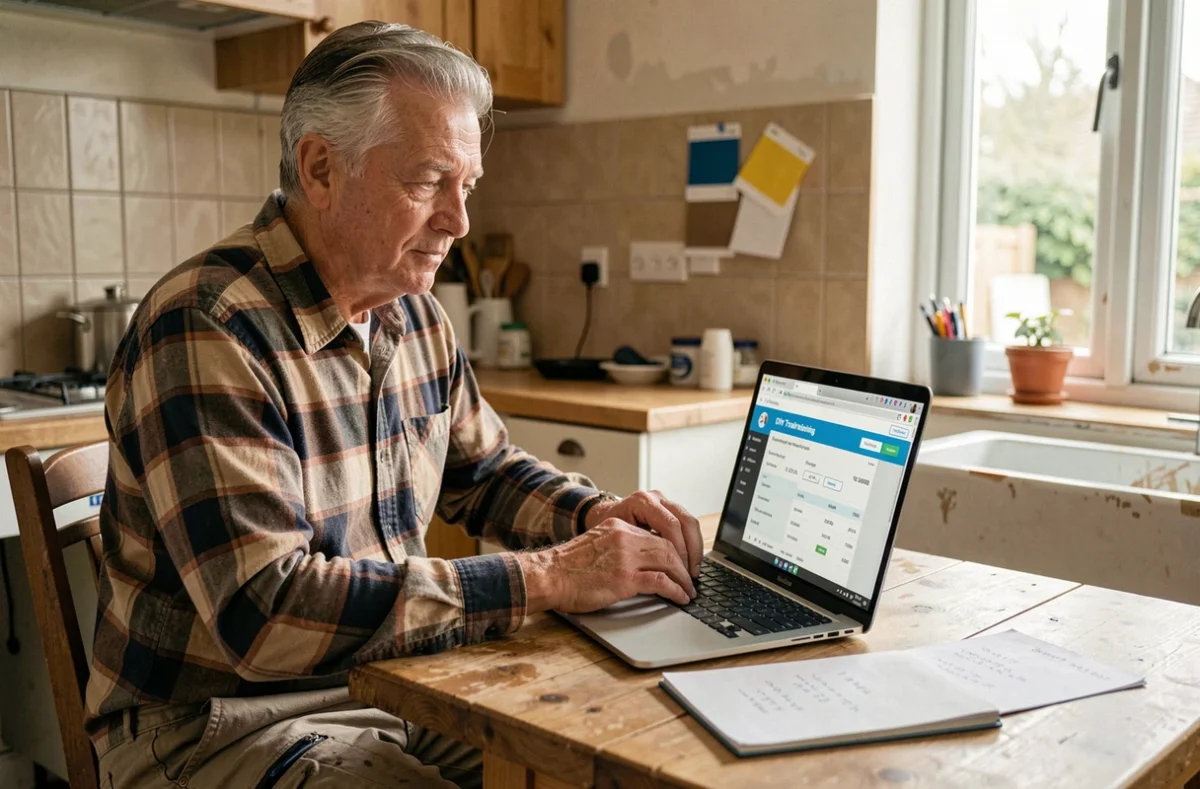 Un homme d'une cinquantaine d'années consulte les tarifs d'une plateforme de formation bricolage sur ordinateur portable dans sa cuisine