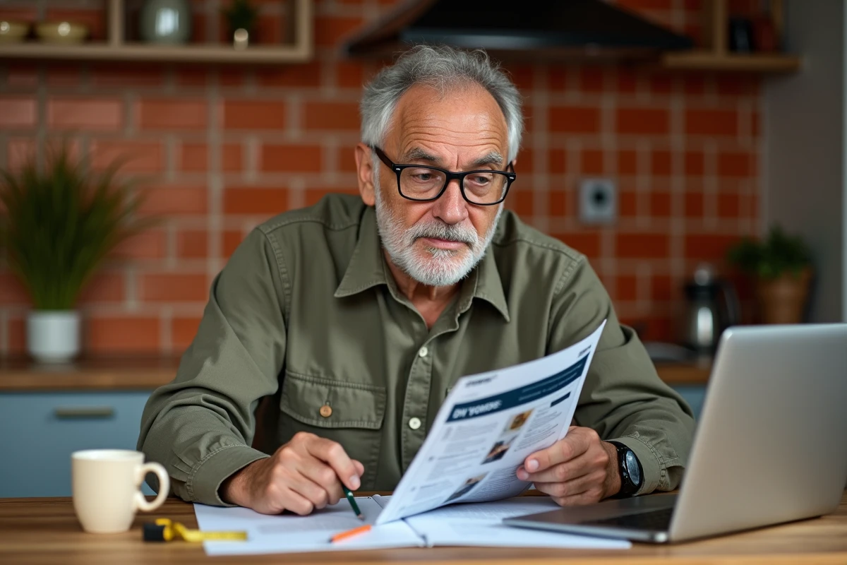 Homme mature consultant un cours de bricolage en ligne sur ordinateur portable à la maison pour gagner en autonomie