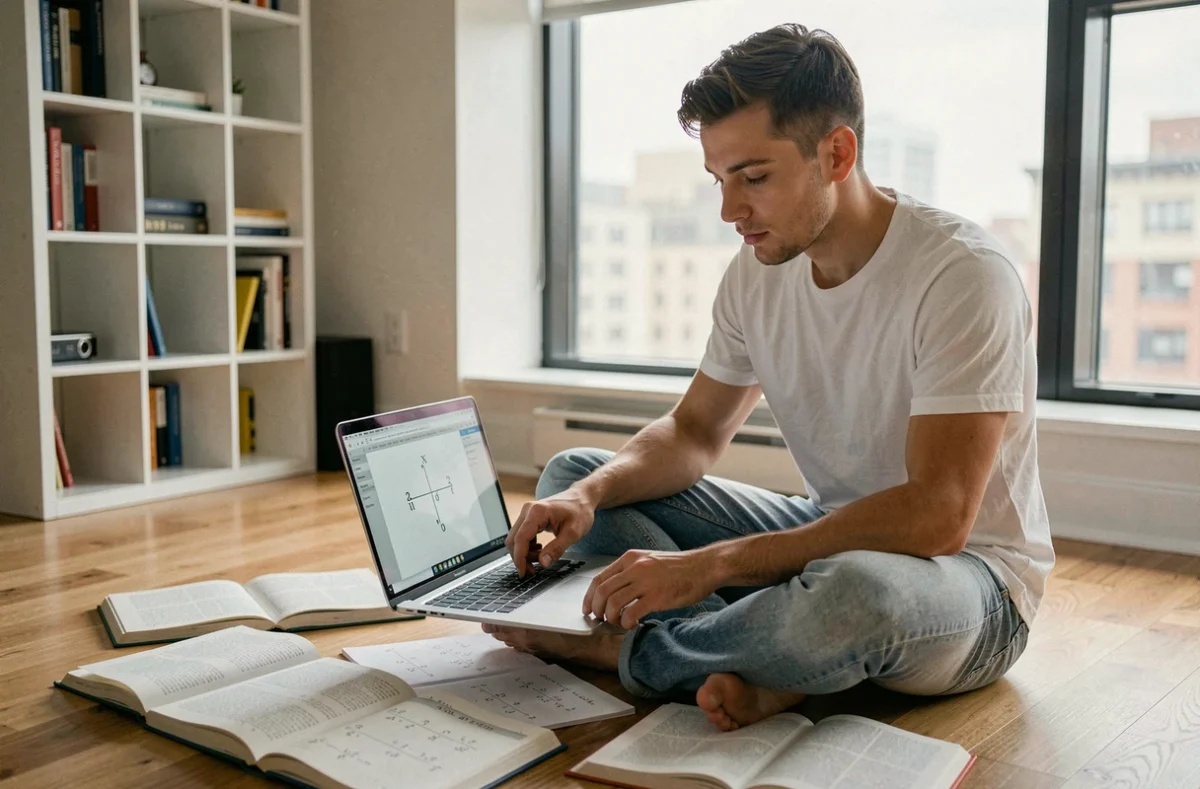 Jeune homme étudiant l'inversion d'une matrice 2x2 avec un ordinateur portable et des manuels d'algèbre au sol