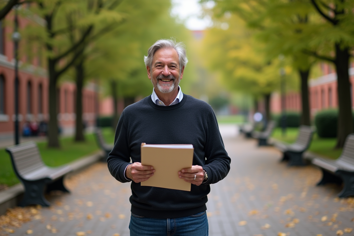 Homme souriant avec certificat dans un campus verdoyant