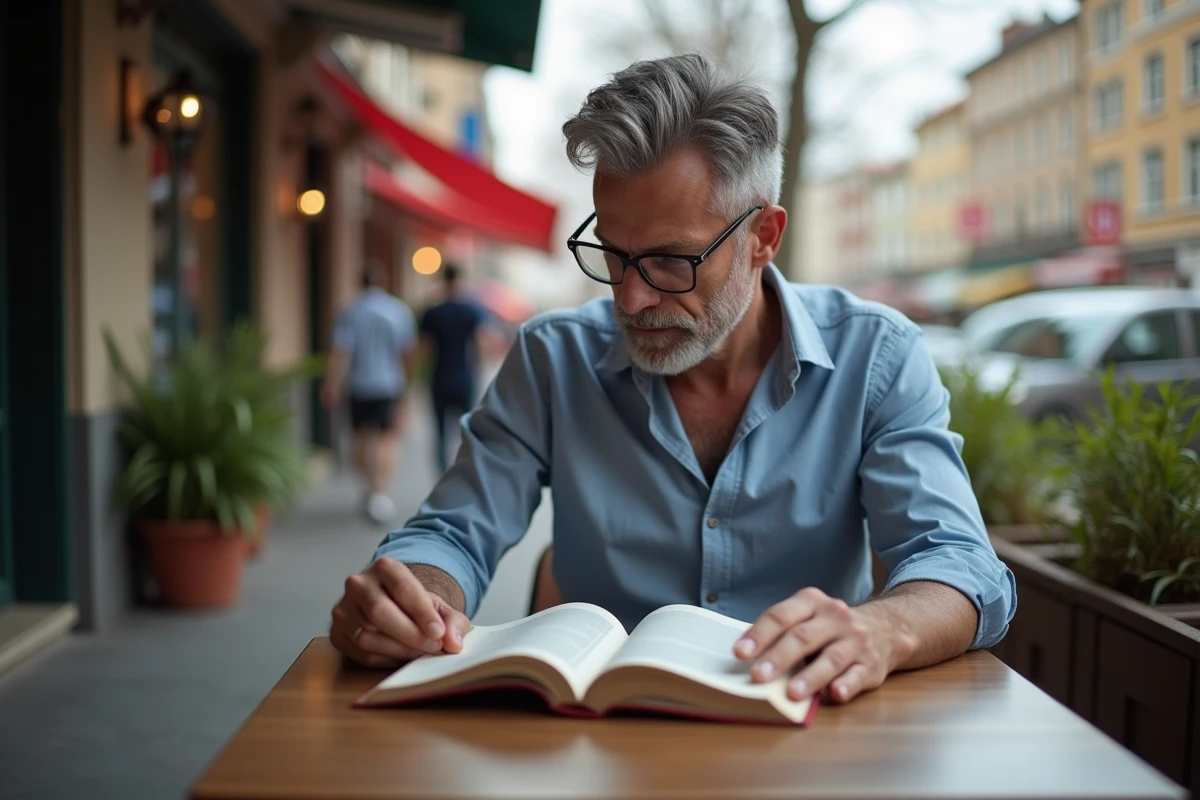 Homme lisant un livre dans un café en ville