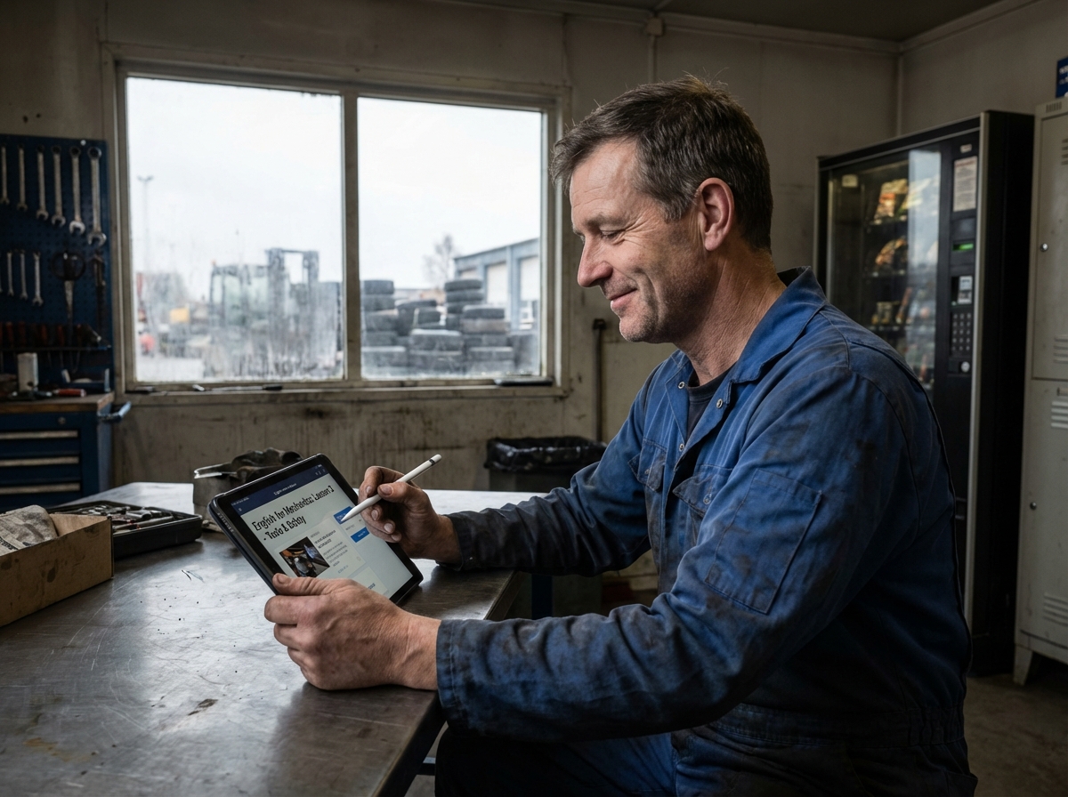 Homme en uniforme mécanique lisant des supports d