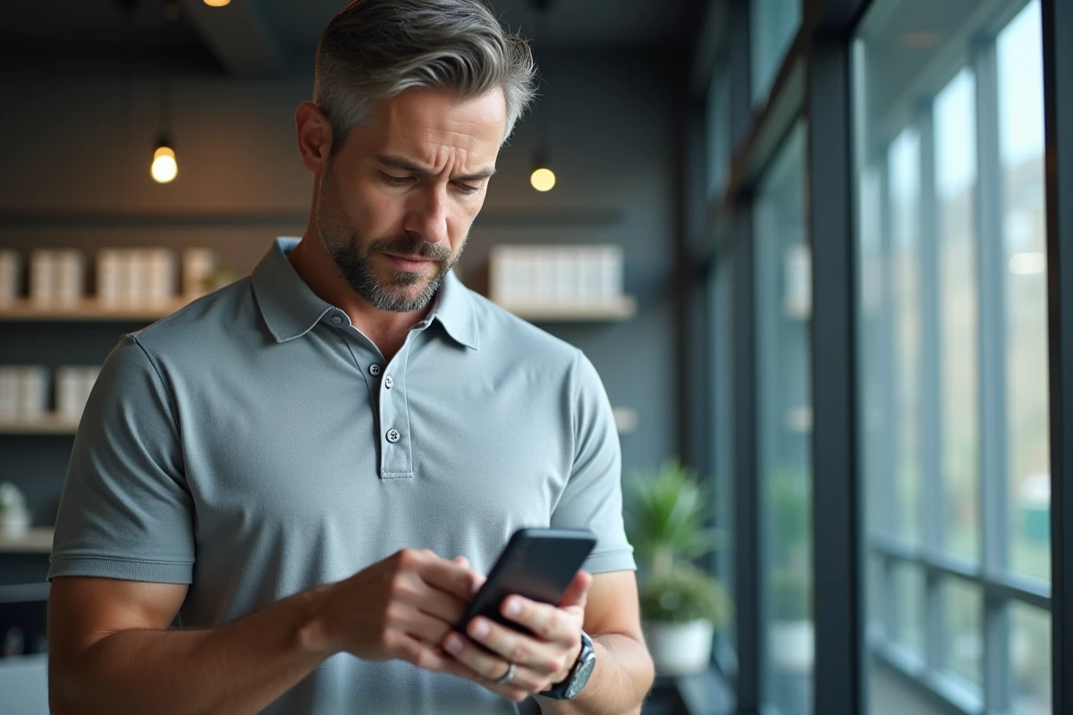 Homme en bureau consultant son espace Moodle GRETA depuis un smartphone en milieu professionnel