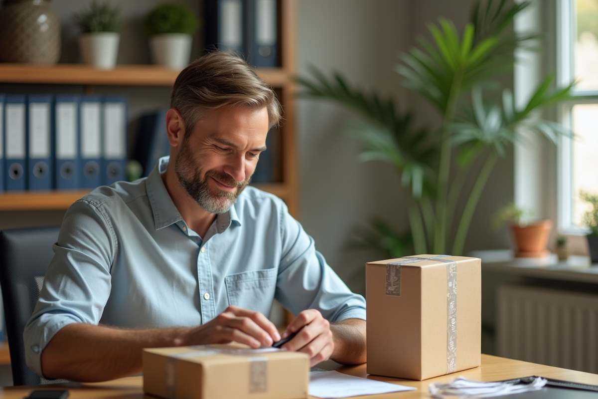 Homme au bureau maison organisant des colis