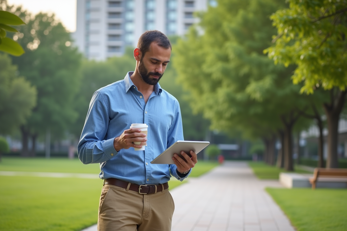 Homme en ville vérifiant sa liste de tâches