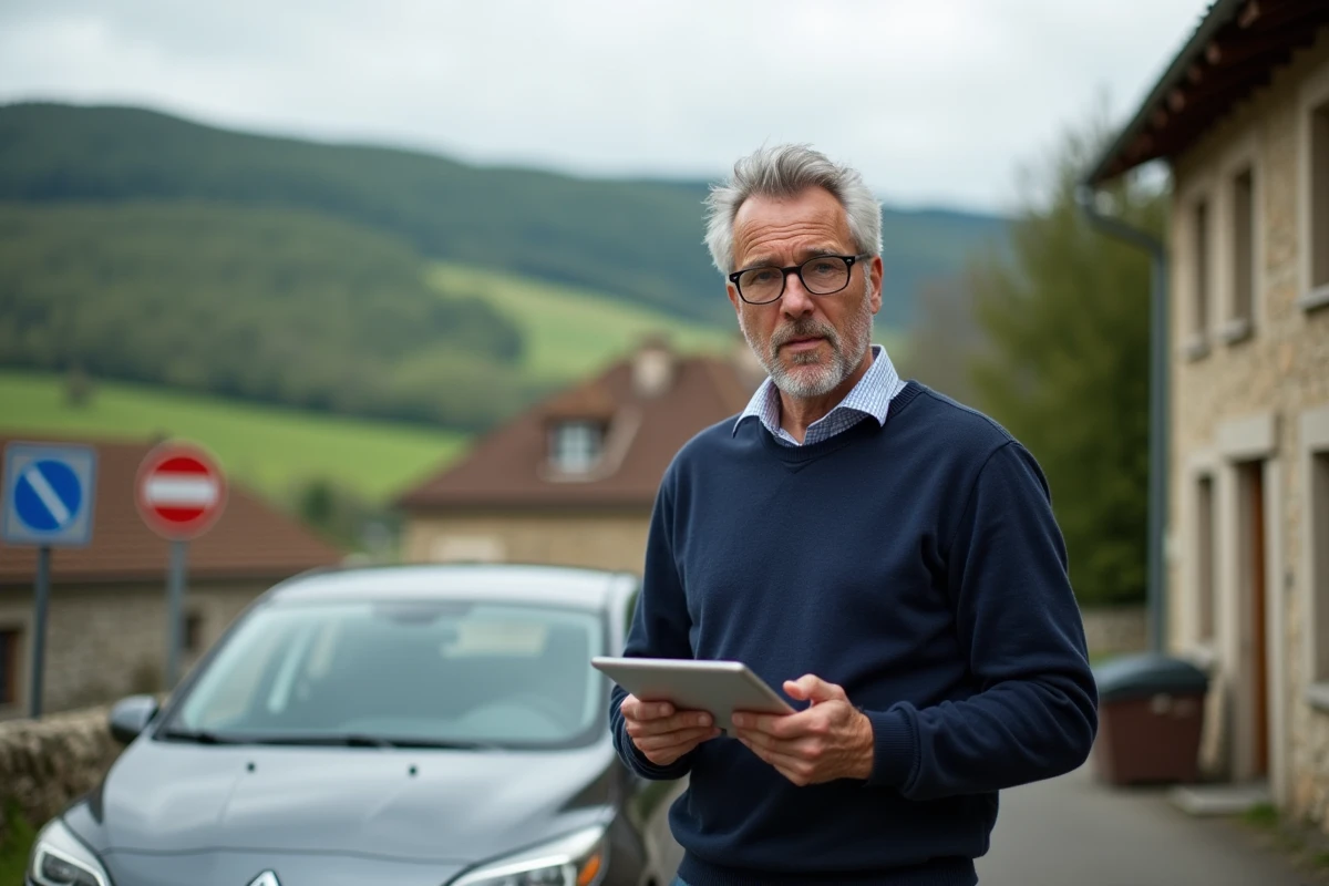 Homme confus avec tablette dans un village rural d