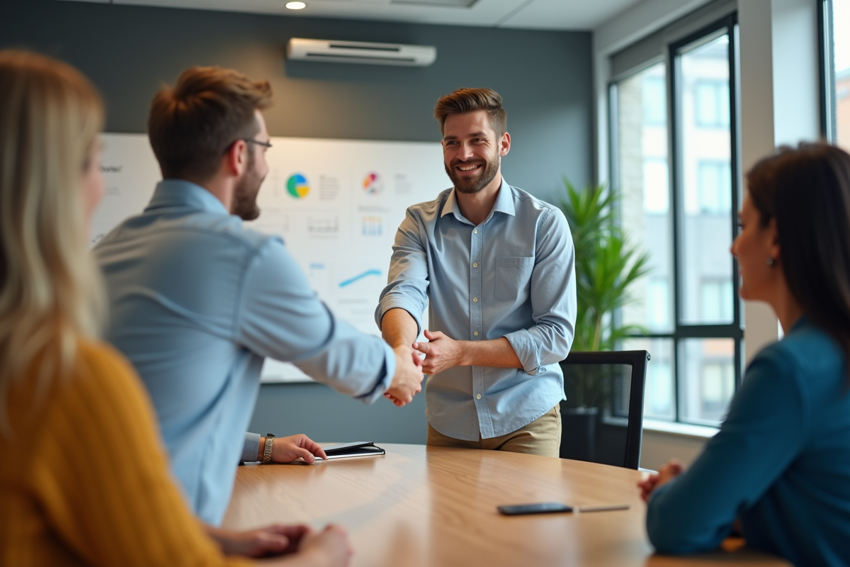 Jeune homme souriant serre la main d
