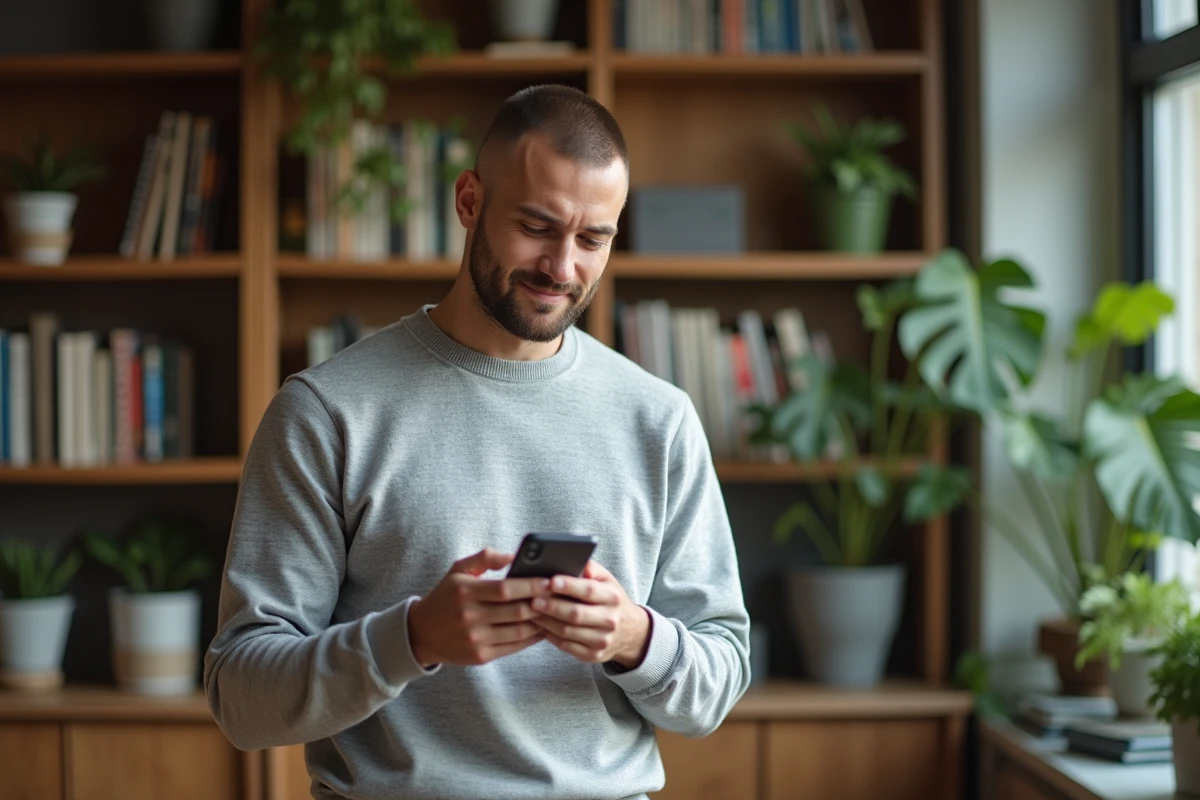 Homme souriant regardant son smartphone dans un intérieur cosy