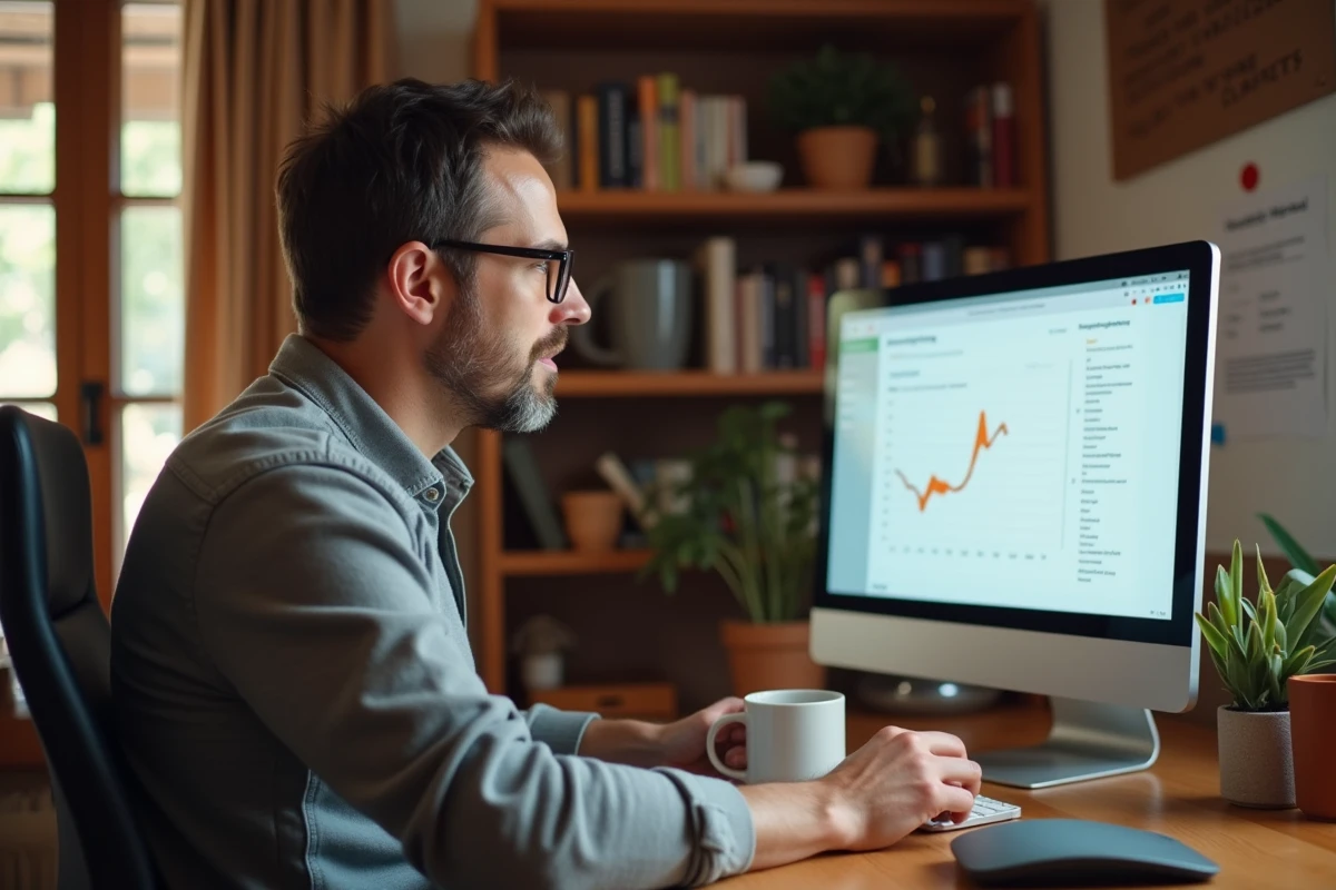 Homme en télétravail consultant une plateforme de formation marketing par email depuis son bureau à domicile