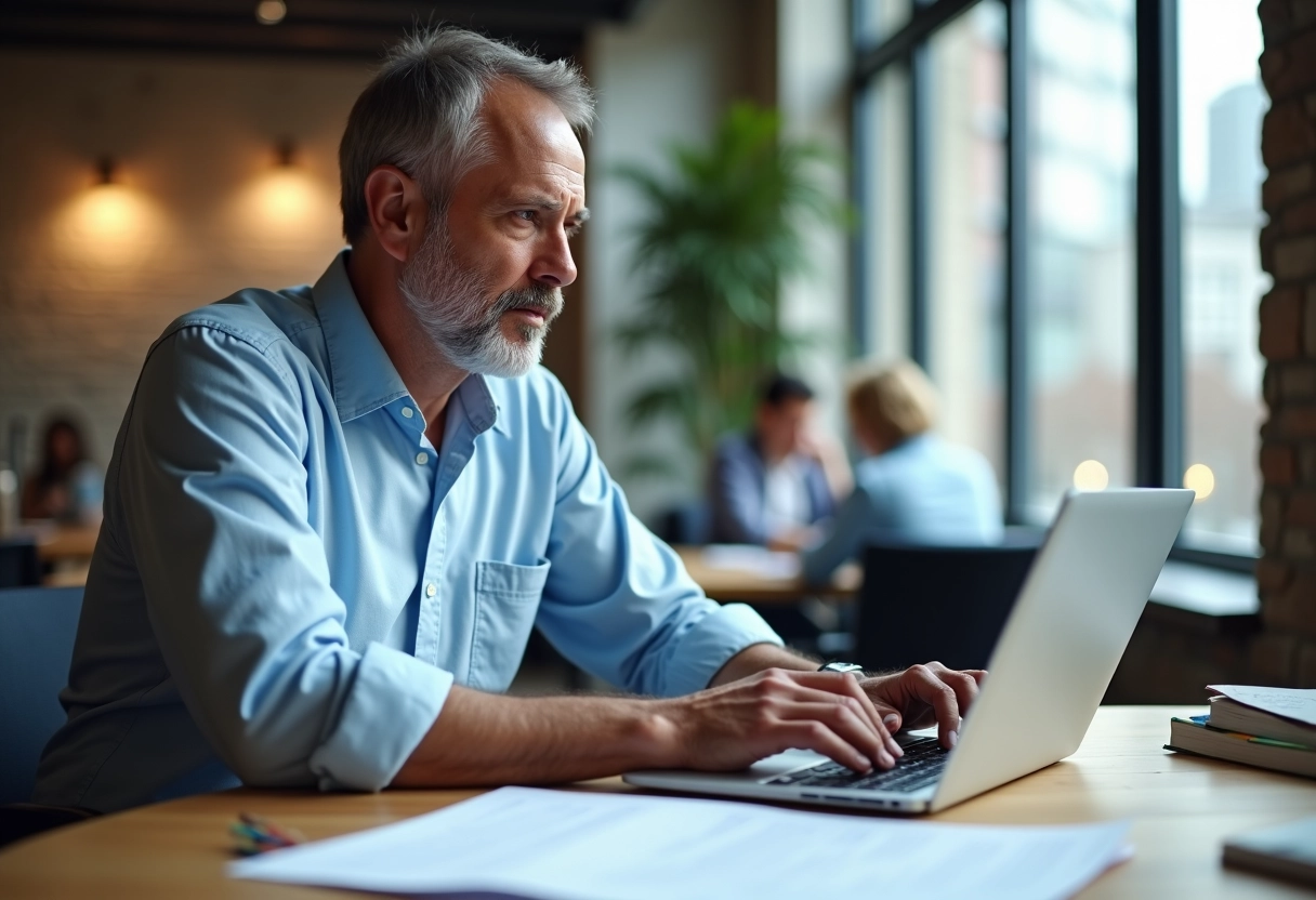 Homme d age moyen travaillant sur son ordinateur dans un espace coworking