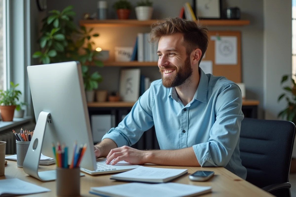 Homme souriant suivant un tutoriel Canva dans un bureau à domicile