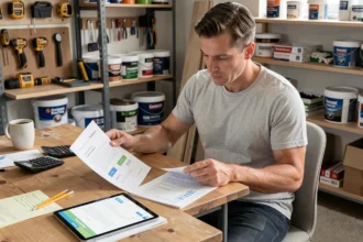 Un homme étudie le tarif d'une formation bricolage sur tablette et documents imprimés dans un bureau à domicile