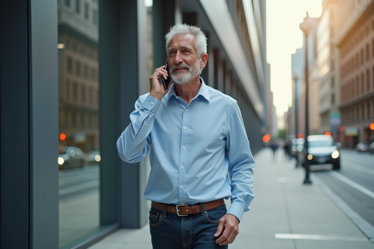 Homme marchant dans la ville en parlant au téléphone