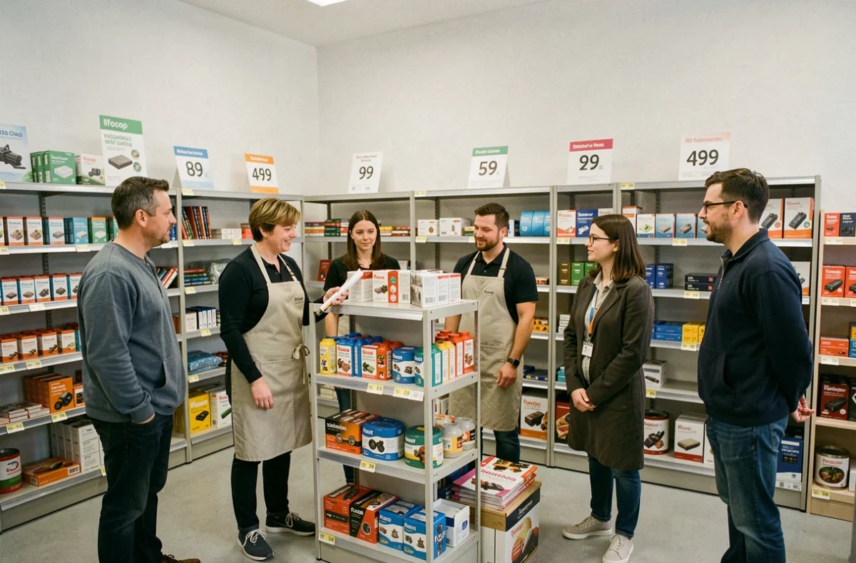 Formatrice Ifocop animant un exercice de merchandising dans un espace de formation commerce