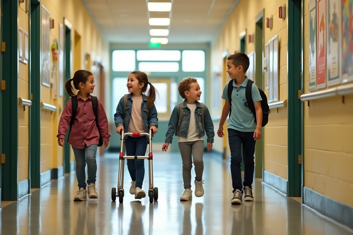 Groupe d'enfants ULIS et élèves ordinaires marchant ensemble dans le couloir d'une école primaire inclusive