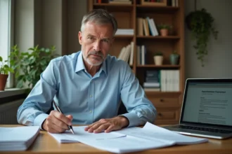 Homme de 45 ans remplissant des documents d'inscription à Pôle emploi après un licenciement économique, assis à un bureau avec des papiers administratifs et un ordinateur portable