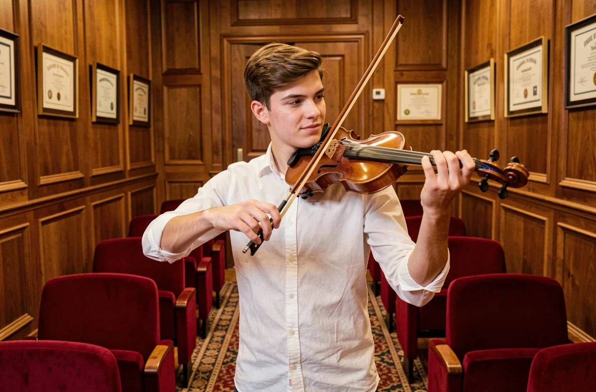 Un jeune violoniste répète seul dans la salle de récital formelle de l'Institut de Musique de Paris