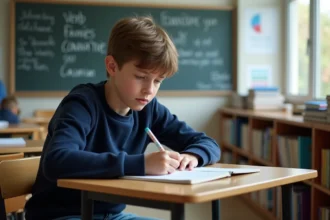 Jeune garçon concentré écrivant des conjugaisons en classe