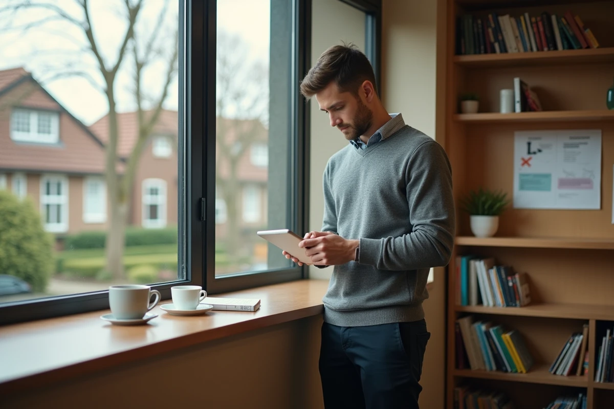 Jeune enseignant vérifiant des devoirs dans le lounge