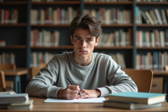 Jeune adulte concentré à la bibliothèque pour l'article