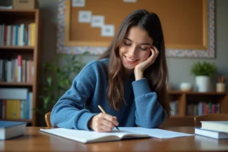 Jeune femme espagnole écrit la lettre ñ à son bureau