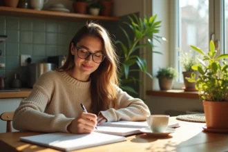 Jeune femme lisant un livre de grammaire française à la maison