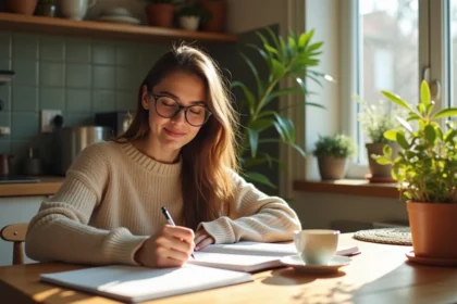Jeune femme lisant un livre de grammaire française à la maison