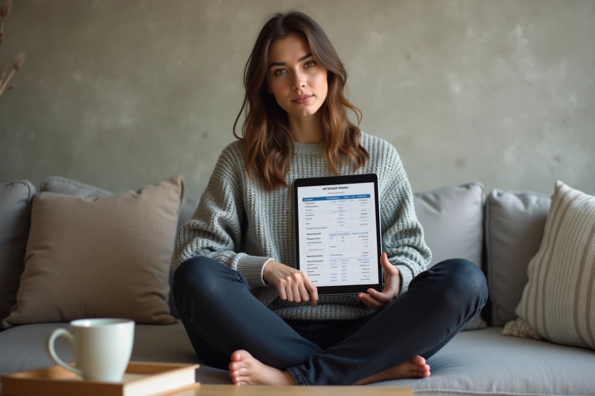 Jeune femme planifiant son budget outils IA sur tablette dans un salon minimaliste