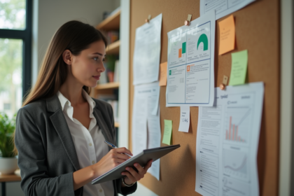 Jeune femme en bureau devant un corkboard avec notes et graphiques